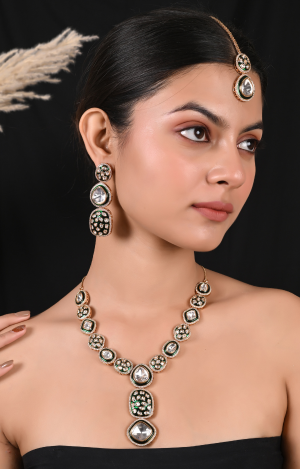 Gold Plated Green Enamel Kundan Polki Drop Wedding Necklace Set With Earring