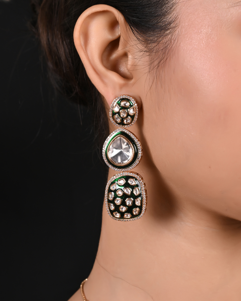 Gold Plated Green Enamel Kundan Polki Drop Wedding Necklace Set With Earring
