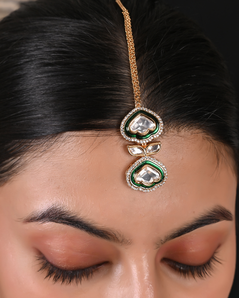 Gold Plated Green Enamel Kundan Polki Drop Wedding Necklace Set With Earring