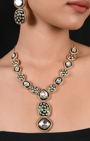 Gold Plated Green Enamel Kundan Polki Drop Wedding Necklace Set With Earring