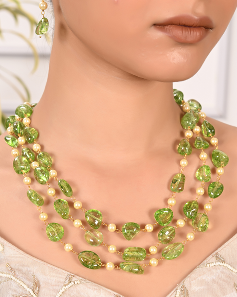 Triple Layer Natural Green Peridot Beads Necklace for Women
