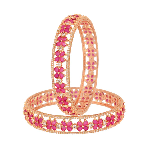 Gold Plated Red American Diamond CZ Floral Kada Bangle