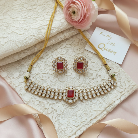 Gold Plated Green & Red  Kundan CZ Choker Chic Wedding Necklace Set With Earring