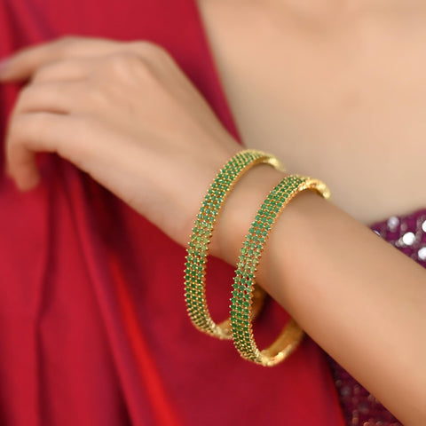 Gold Plated Green Triple Line CZ American Diamond Bangle