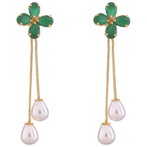 Gold Plated CZ Floral and Pearl Drop Removable Dangle Drop Earring