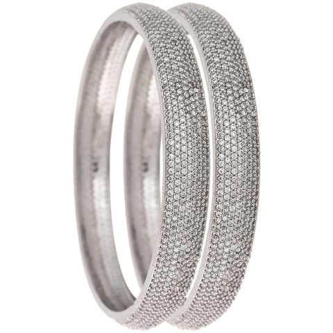 Silver Plated White Curved CZ American Diamond Bangle Set