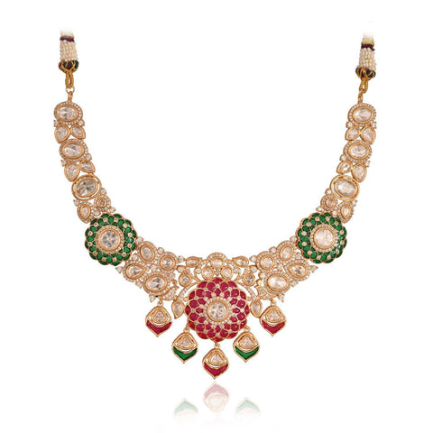 Gold Plated Green Kundan CZ Statement Wedding Necklace Set With Earring & Mang Tika