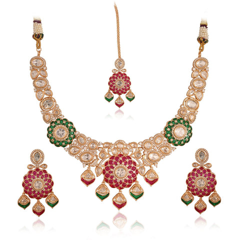 Gold Plated Green Kundan CZ Statement Wedding Necklace Set With Earring & Mang Tika