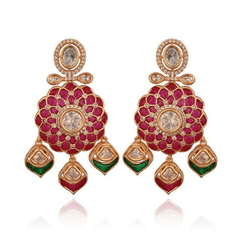 Gold Plated Green Kundan CZ Statement Wedding Necklace Set With Earring & Mang Tika