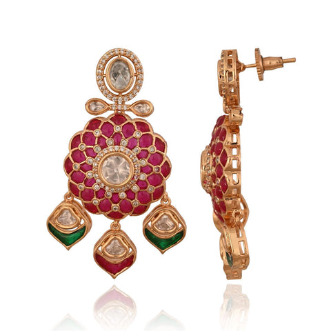 Gold Plated Green Kundan CZ Statement Wedding Necklace Set With Earring & Mang Tika