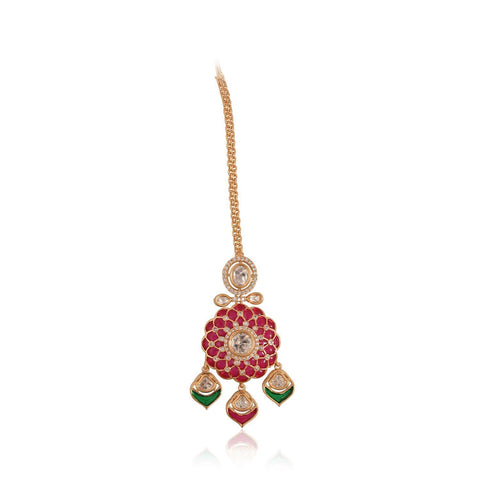 Gold Plated Green Kundan CZ Statement Wedding Necklace Set With Earring & Mang Tika