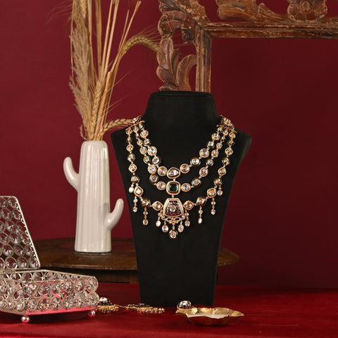 Gold Plated Kundan Green CZ Triple Later Wedding Necklace Set With Earring & Mang Tika
