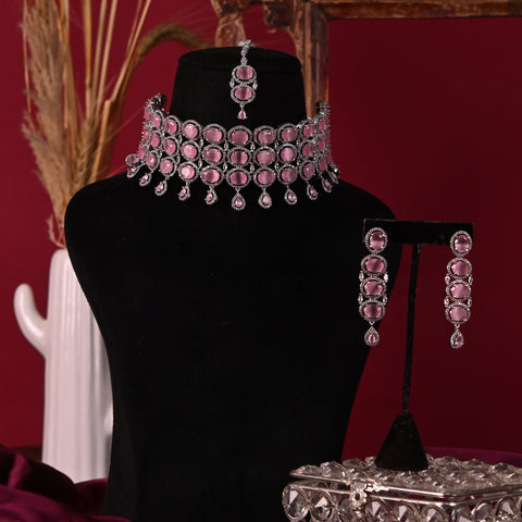 Silver Plated American Diamond CZ Choker Celebrity Wedding Necklace Set With Earring & Tika