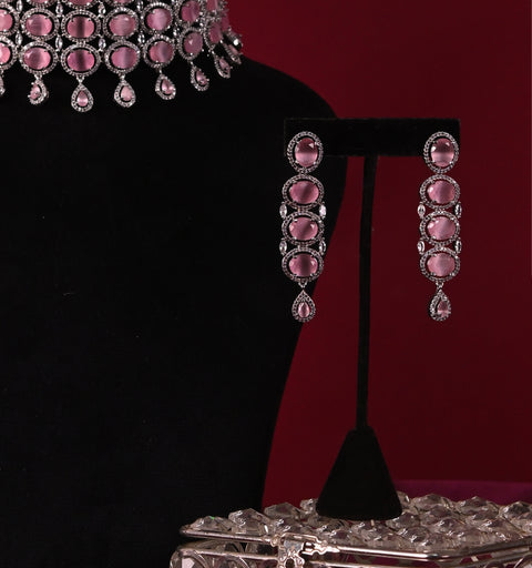 Silver Plated American Diamond CZ Choker Celebrity Wedding Necklace Set With Earring & Tika