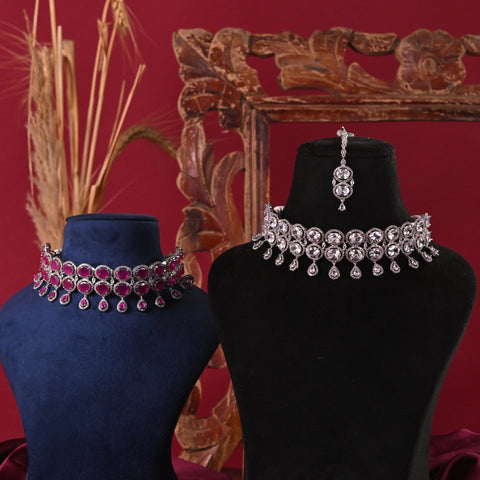 Silver Plated American Diamond CZ Choker 2 line Celebrity Wedding Necklace Set With Earring & Tika