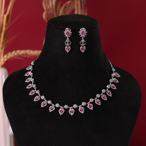 Silver Plated White American Diamond CZ Floral Wedding Necklace Set With Earring