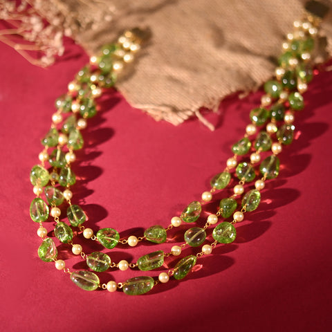 Triple Layer Natural Green Peridot Beads Necklace for Women