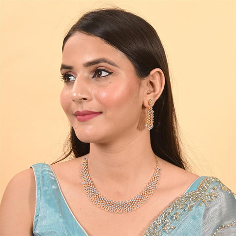 Gold Silver Plated White American Diamond CZ Wedding Necklace Set With Earring