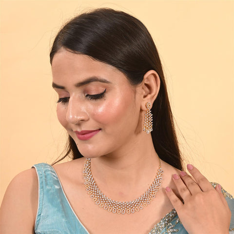 Gold Silver Plated White American Diamond CZ Wedding Necklace Set With Earring