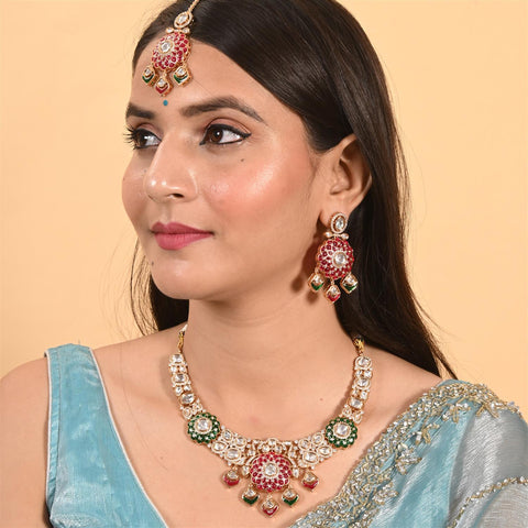 Gold Plated Green Kundan CZ Statement Wedding Necklace Set With Earring & Mang Tika