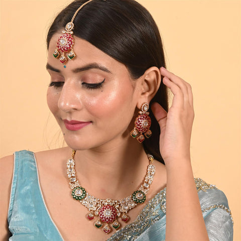 Gold Plated Green Kundan CZ Statement Wedding Necklace Set With Earring & Mang Tika