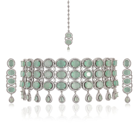 Silver Plated American Diamond CZ Choker Celebrity Wedding Necklace Set With Earring & Tika