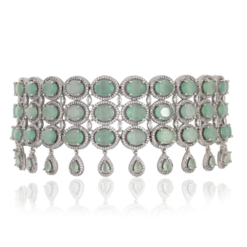 Silver Plated American Diamond CZ Choker Celebrity Wedding Necklace Set With Earring & Tika