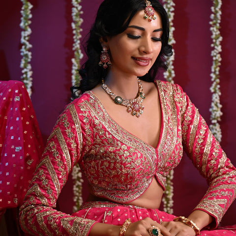 Gold Plated Green Kundan CZ Statement Wedding Necklace Set With Earring & Mang Tika