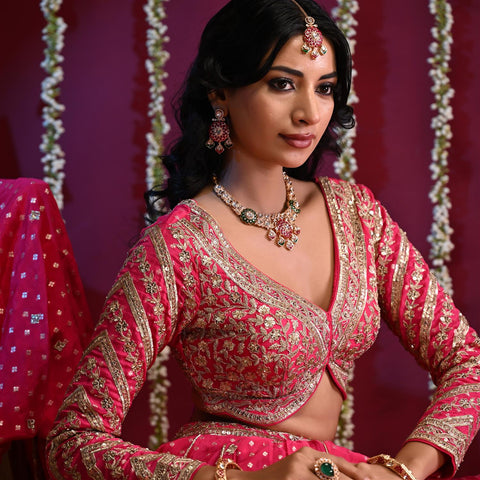 Gold Plated Green Kundan CZ Statement Wedding Necklace Set With Earring & Mang Tika