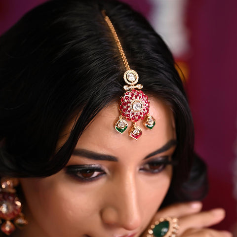 Gold Plated Green Kundan CZ Statement Wedding Necklace Set With Earring & Mang Tika
