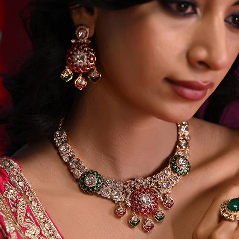 Gold Plated Green Kundan CZ Statement Wedding Necklace Set With Earring & Mang Tika