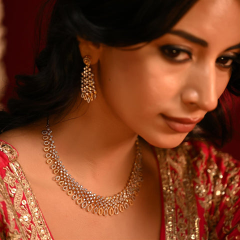 Gold Silver Plated White American Diamond CZ Wedding Necklace Set With Earring