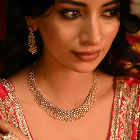 Gold Silver Plated White American Diamond CZ Wedding Necklace Set With Earring