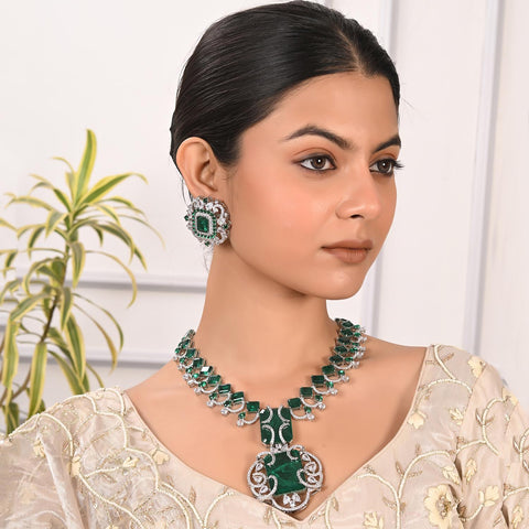 Silver Plated Green American Diamond CZ Heavy Long Celebrity Wedding Necklace Set With Earring