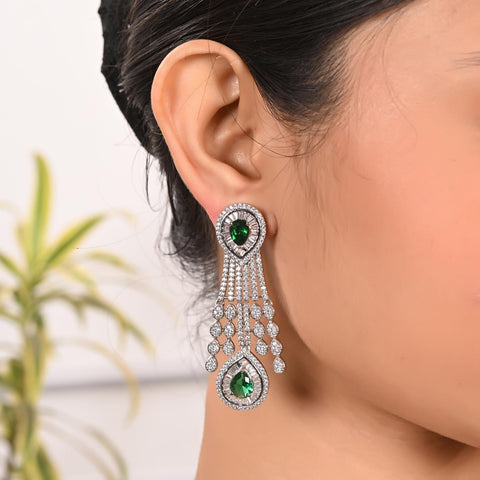 Silver Plated Green American Diamond CZ Heavy Wedding Necklace Set With Earring