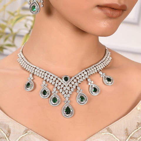 Silver Plated Green American Diamond CZ Heavy Wedding Necklace Set With Earring