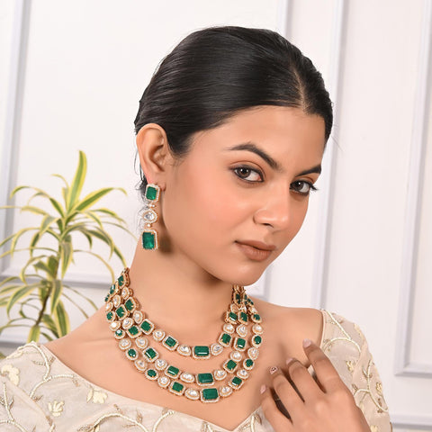 Gold Plated Green Kundan CZ Long Haar Bridal Wedding Necklace Set With Earring