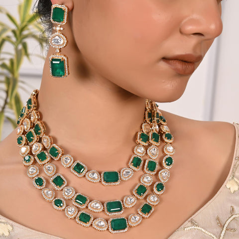 Gold Plated Green Kundan CZ Long Haar Bridal Wedding Necklace Set With Earring