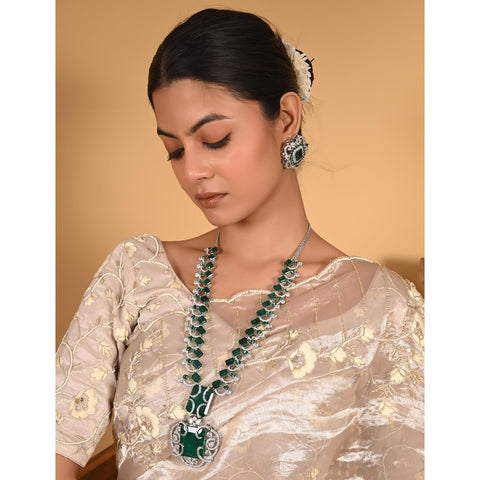 Silver Plated Green American Diamond CZ Heavy Long Celebrity Wedding Necklace Set With Earring