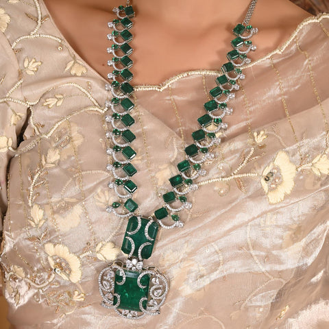 Silver Plated Green American Diamond CZ Heavy Long Celebrity Wedding Necklace Set With Earring