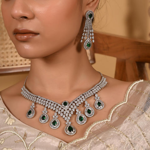 Silver Plated Green American Diamond CZ Heavy Wedding Necklace Set With Earring