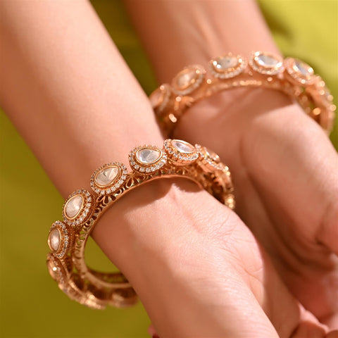 Kundan Diamond CZ Oval Wedding Heavy Kada Bangles