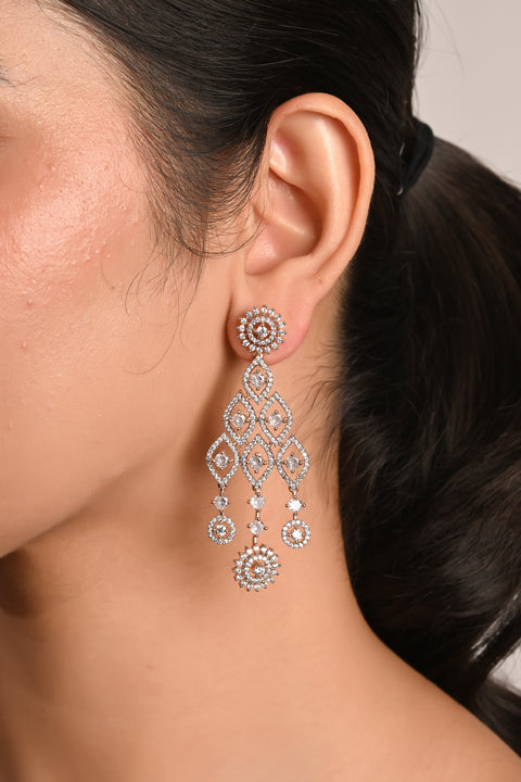 Gold Silver Plated American Diamond CZ White Long Dangle Drop Earrings