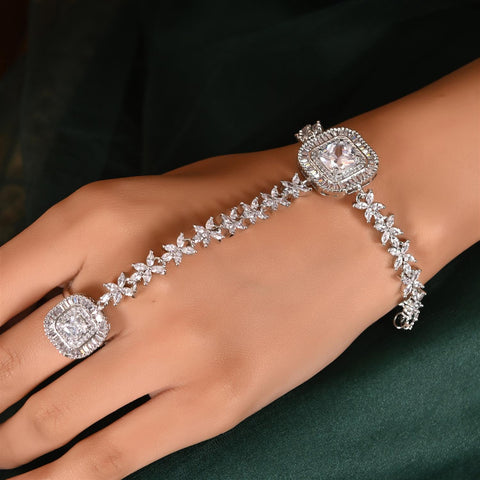 American Diamond CZ White Sleek Adjustable Ring Hathpanja Bracelet