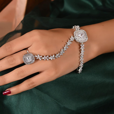 American Diamond CZ White Sleek Adjustable Ring Hathpanja Bracelet