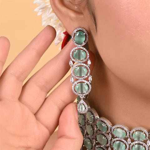 Silver Plated American Diamond CZ Choker Celebrity Wedding Necklace Set With Earring & Tika