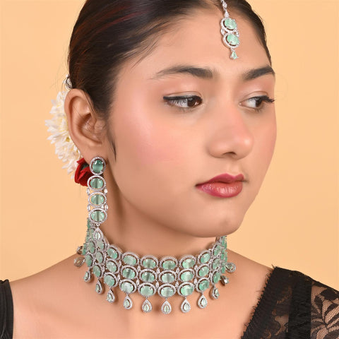 Silver Plated American Diamond CZ Choker Celebrity Wedding Necklace Set With Earring & Tika