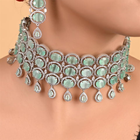 Silver Plated American Diamond CZ Choker Celebrity Wedding Necklace Set With Earring & Tika