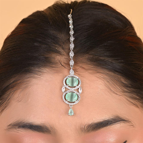 Silver Plated American Diamond CZ Choker Celebrity Wedding Necklace Set With Earring & Tika