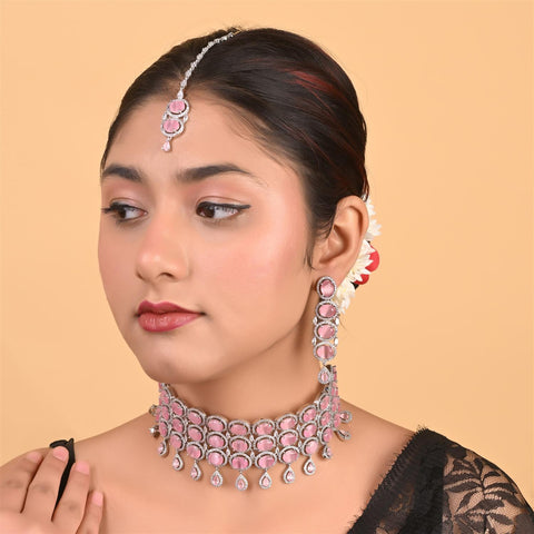 Silver Plated American Diamond CZ Choker Celebrity Wedding Necklace Set With Earring & Tika